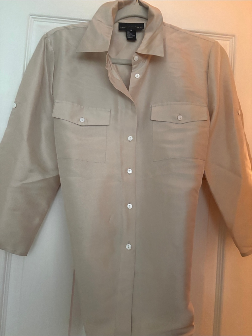 august silk neutral beige silk blouse